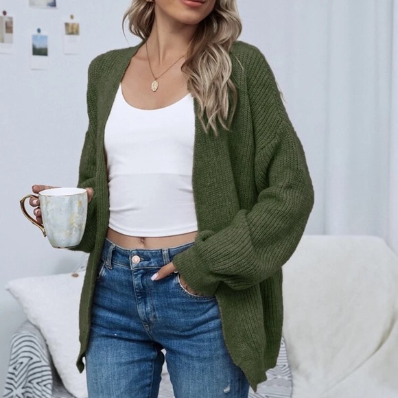 Soft knit drop shoulder oversized cardigan sweater tan - Picture 14 of 16